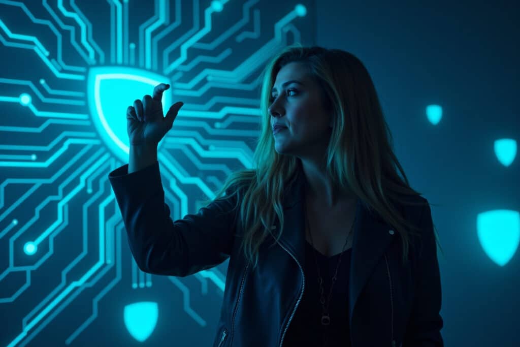 Woman in a leather jacket interacts with a glowing digital interface, featuring circuit-like patterns and shield icons, against a dark blue background.