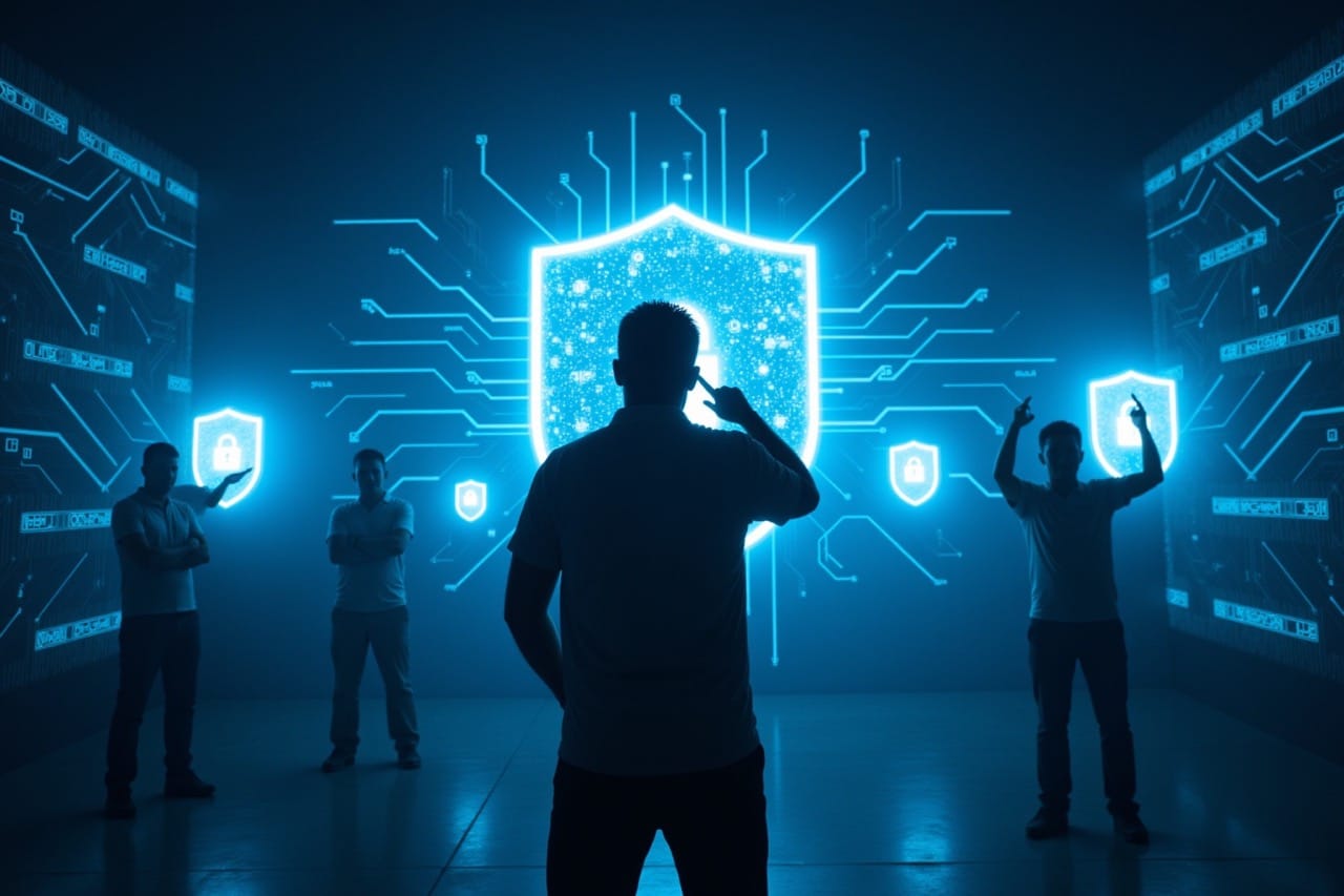 Silhouetted figures stand in front of large digital shield symbols on screens, representing cybersecurity.