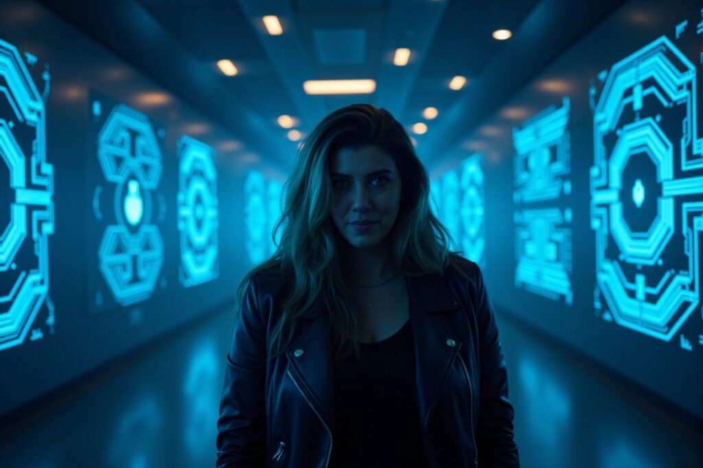 Person in a leather jacket stands in a futuristic corridor with glowing blue circuit-like panels on the walls.