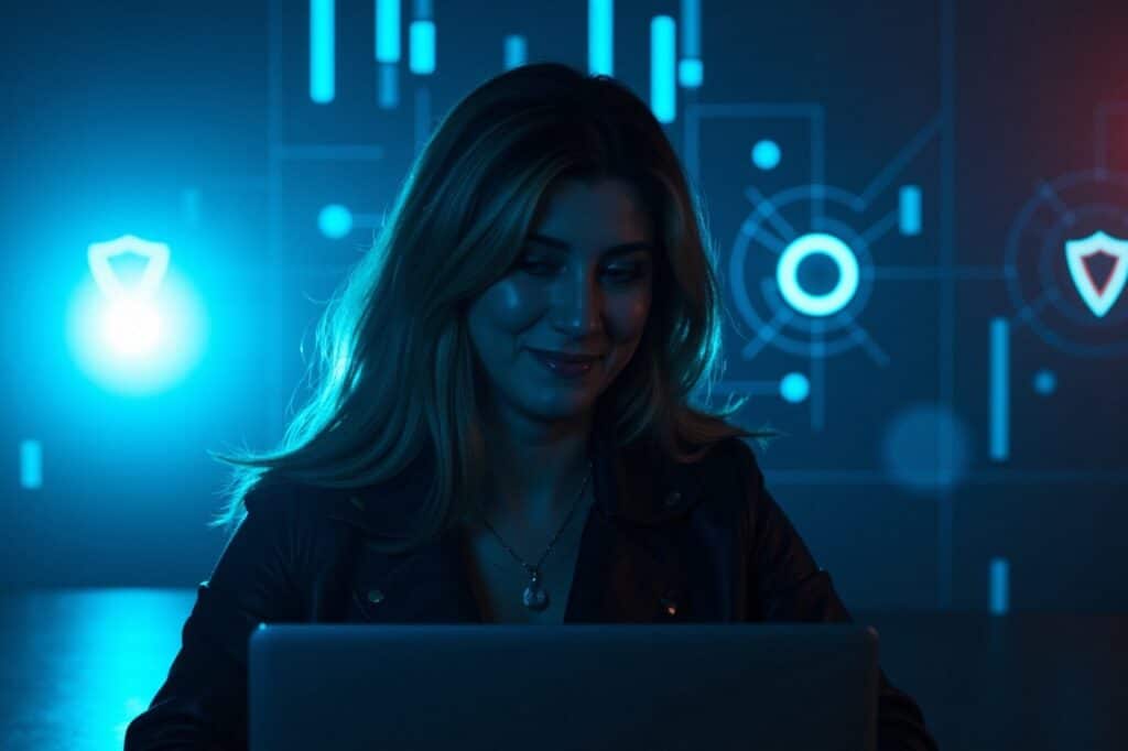Person using a laptop in a dimly lit room with digital security icons projected on the background.